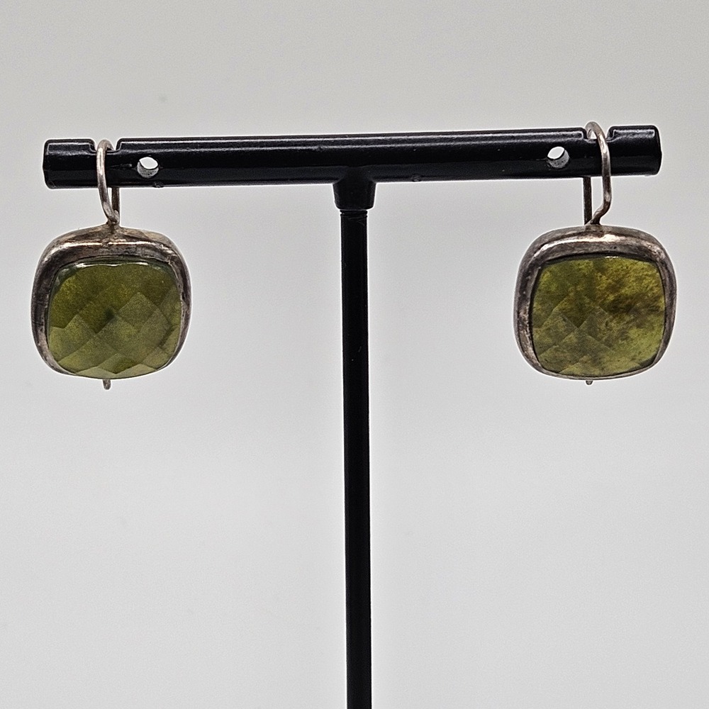 Sterling Silver Faceted Green Glass Earrings Vintage Drop Dangle Artisan